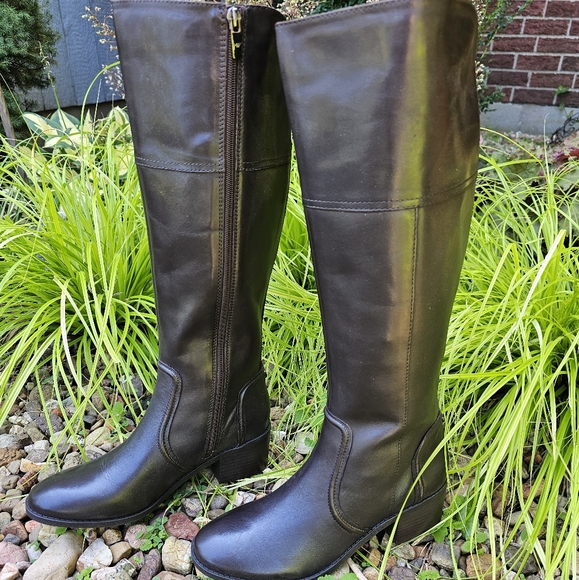 MARC FISHER RITLY TALL BLOCK HEEL BROWN LEATHER ZIP UP BOOTS 9.5M NEW - Picture 2 of 14